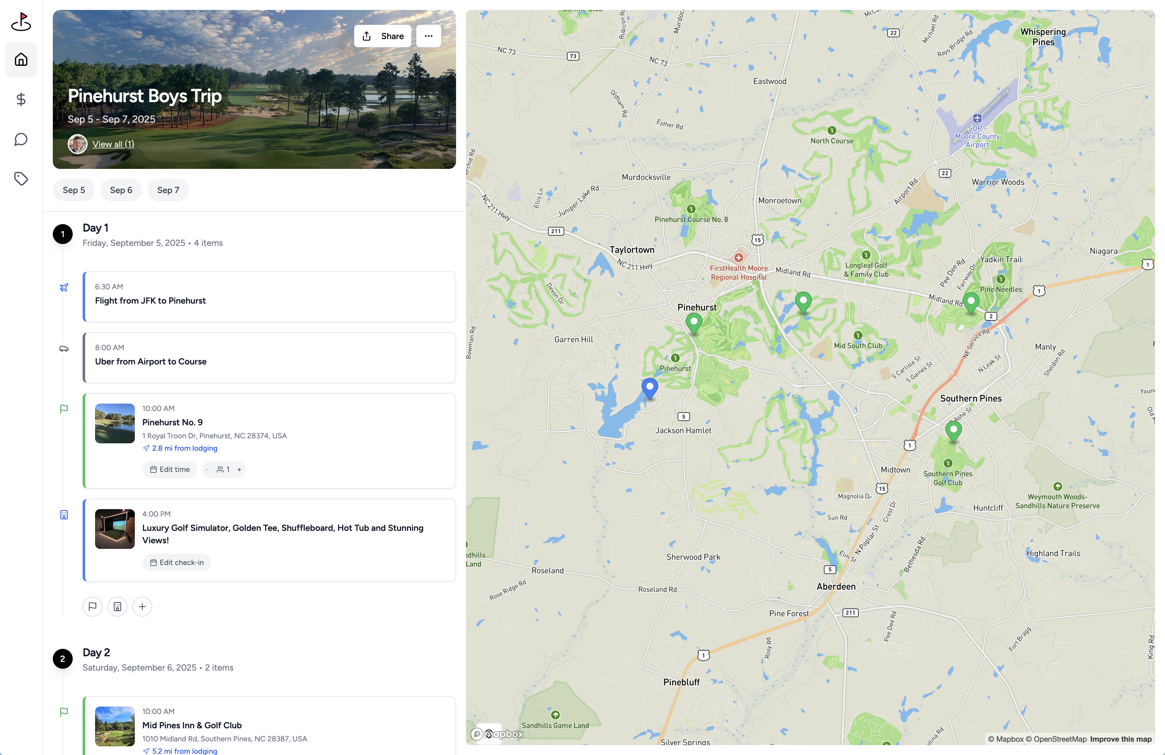Pack trip planning interface - desktop